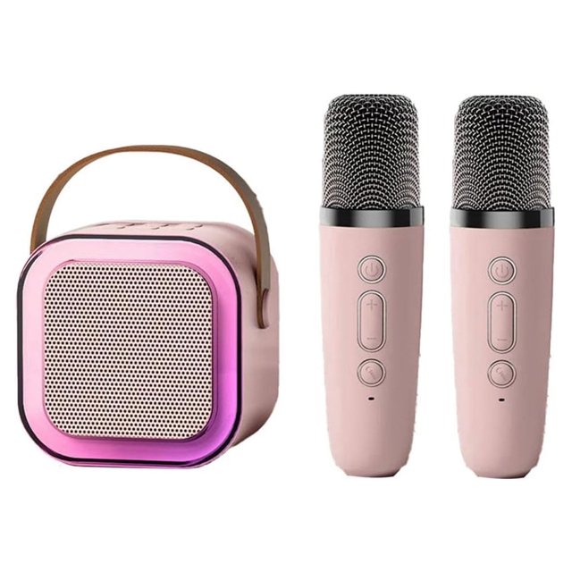 DEBGFS Integrated Bluetooth Audio Portable Wireless Microphone, Children's Karaoke Machine, Intelligent Wireless Mini Speaker with 2 Microphone(Pink),Pink