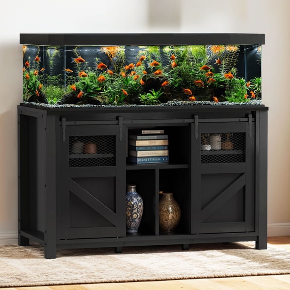Uforic 120 Gal Fish Tank Stand with Storage, 1100 Lbs Capacity, Power Outlets, Barn Door, Black