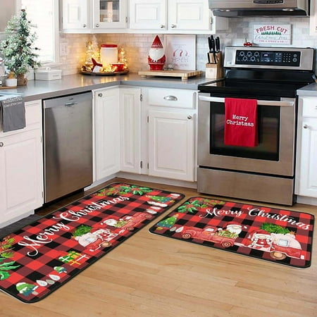 

ZHIYU Christmas Kitchen Carpet (2 Pieces) Merry Christmas Kitchen Carpet Washable Cushion Comfortable Kitchen Carpet Set