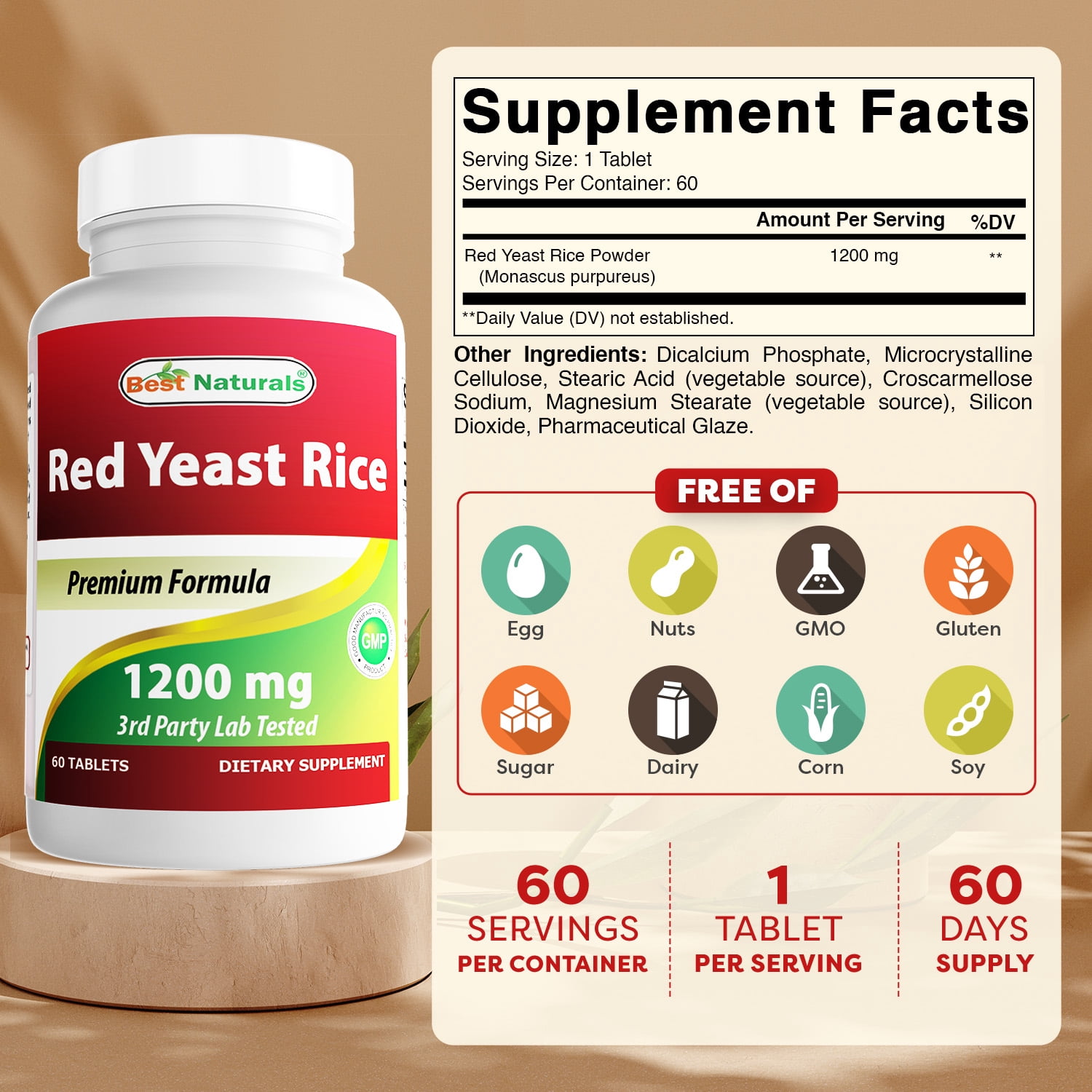 3 Pack Best Naturals Red Yeast Rice 1200 mg 60 Tablets