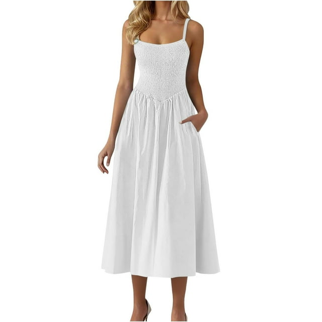 Yuyuzo Robes pour Femmes Décontractées Robes Maxi Smockées Bretelles Spaghetti Évasées Ligne A Longue Fluide Robe d'Été de Plage