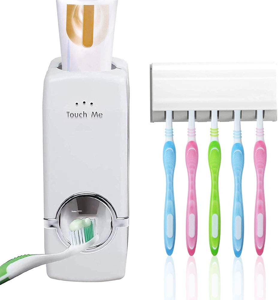 Support Brosse à Dents Mural Avec Distributeur Dentifrice - Pour 5 Brosses - Gris - Adhésif, Sans Perçage