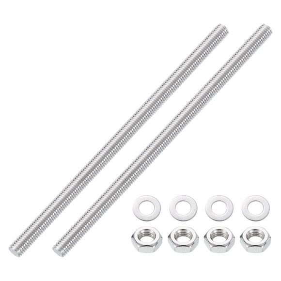 Uxcell 2pcs Fully Threaded Rod, M10 x 200mm 201 Stainless Steel Right Hand Threads Rods with Nuts and Flat Washer Fully Studding Rod Bar for Clamps, Hangers and U-Bolts