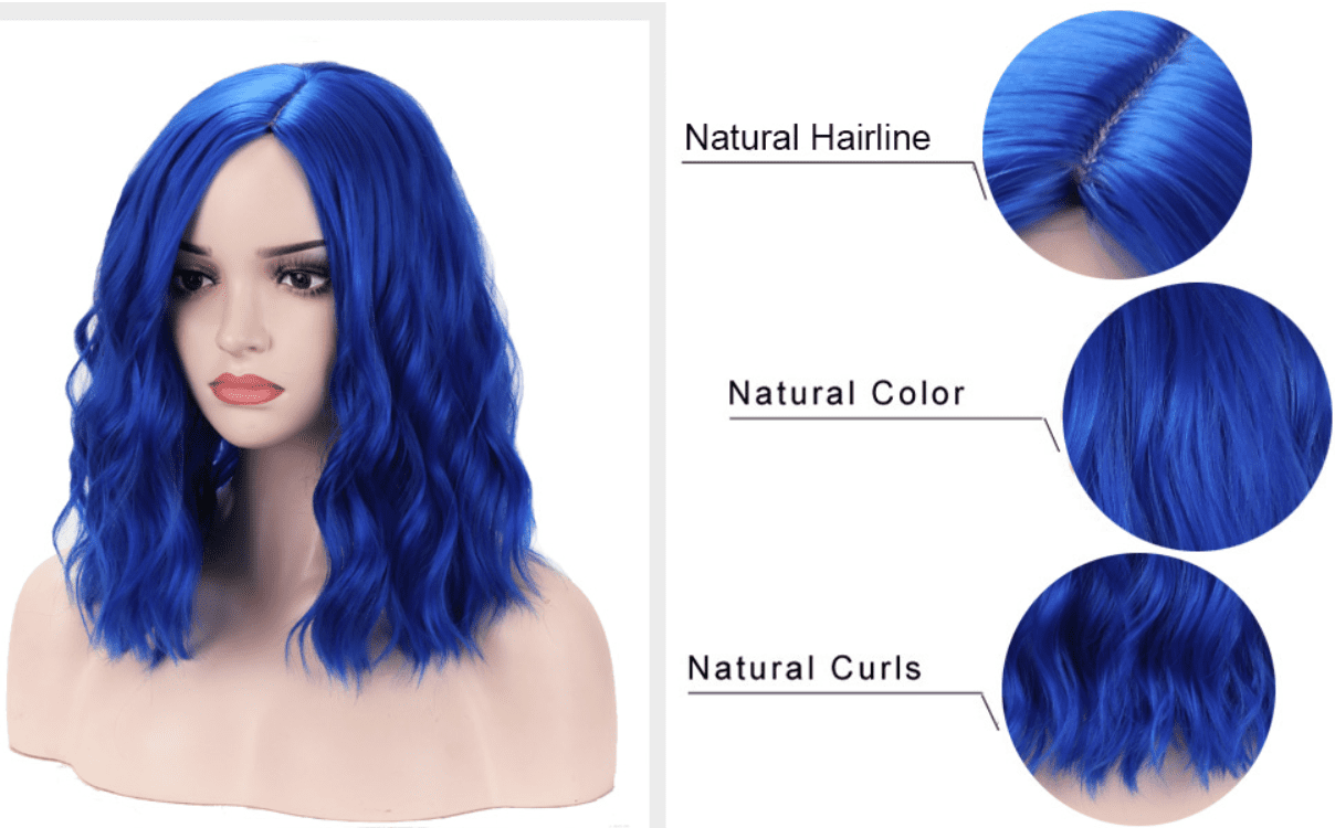 RightOn 14" Women Girls Blue Wig Short Curly Wig Dark Blue Bob Wig Blue Hair Wig Charming Beach Wave Wigs with Wig Cap