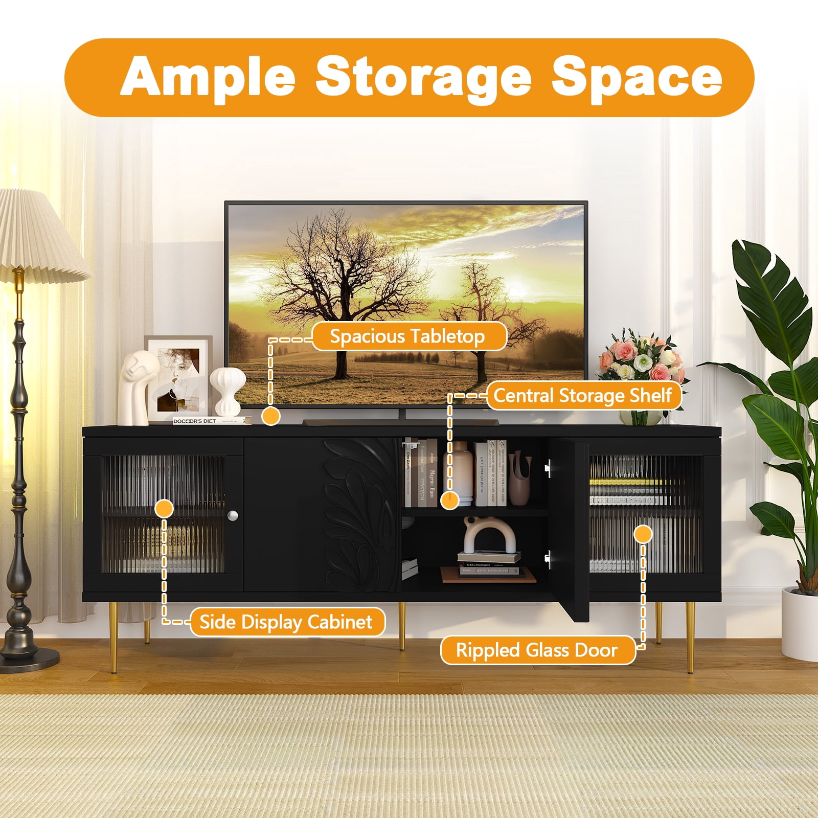 HLR 63" Modern Wood TV Stand with 3D Flower Pattern For TVs Up to 75", Entertainment Center with Storage, Black