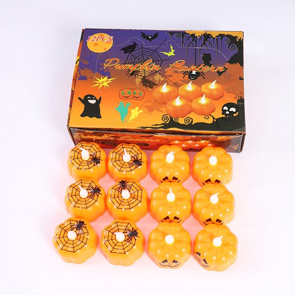 12 Pack Halloween Pumpkin Tealights Candles with Spider Web Decor, LED Pumpkin Lights, Flame Less Candle Battery Operated