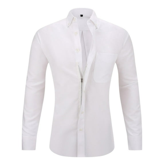 ShomPort Men Casual Fashion Long Sleeve Turn-Down Collar Buttons Zipper Shirt Blouse with Pocket (White 27)
