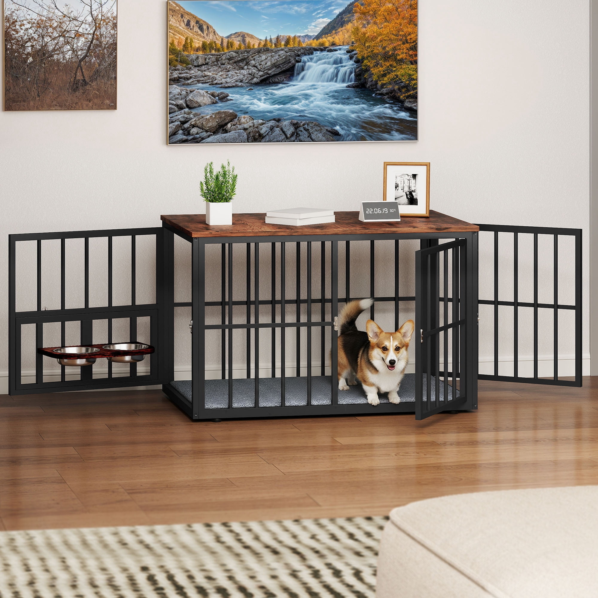Uforic 44.3" Large Wooden Dog Crate Furniture with 3 Doors & 2 Rotatable Bowls for Medium Large Dogs, Brown