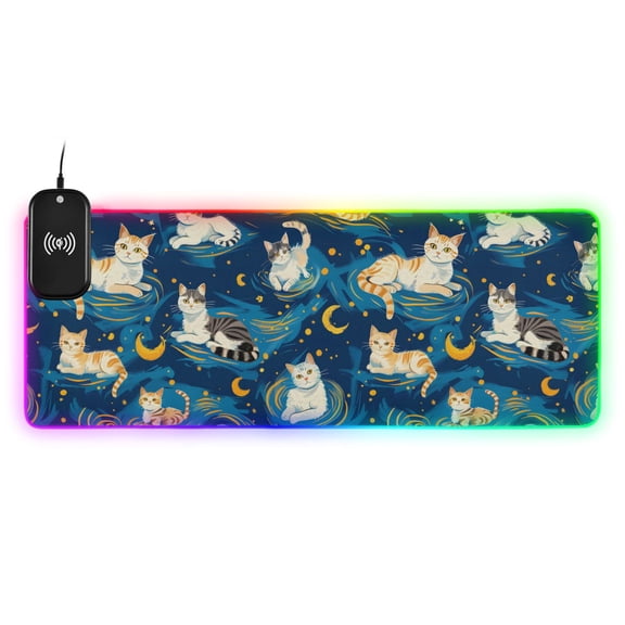 Wireless Charging Mouse Pad Large RGB Gaming Desk Mat 13 Light Modes Mousepad 31.5x11.8 Cartoon Cats and Starry Sky