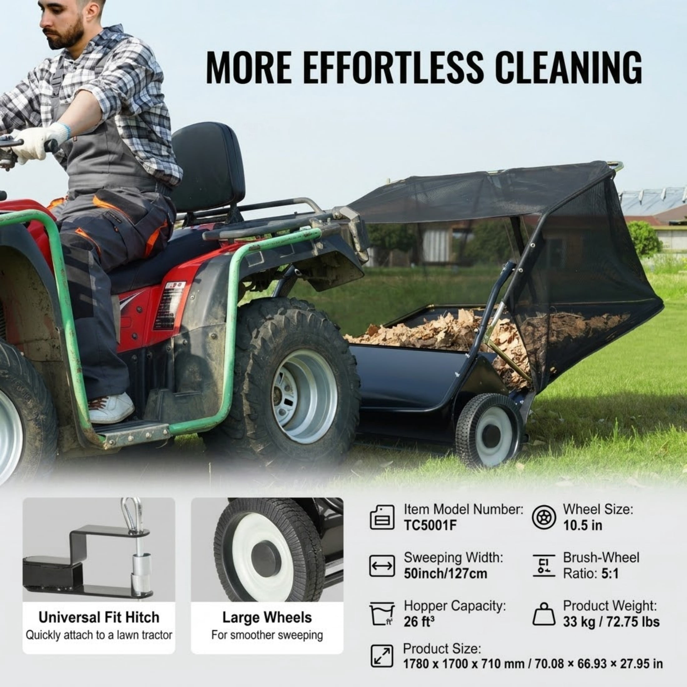 50" Tow Behind Lawn Sweeper, 26 cu. ft Large Capacity Pull Behind Leaf and Grass Collector with Adjustable Height, Heavy Duty
