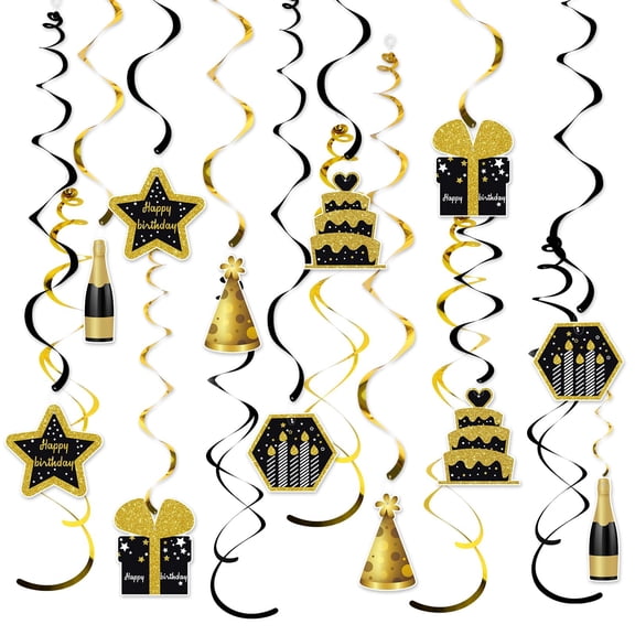 Gold and Black Birthday Hanging Swirls, Happy Birthday Ceiling Streamers, Golden Birthday Party Decorations for Man, 40, 50, 60, 70, 80 Birthday Ceiling Hanging Decorations, 18Pcs