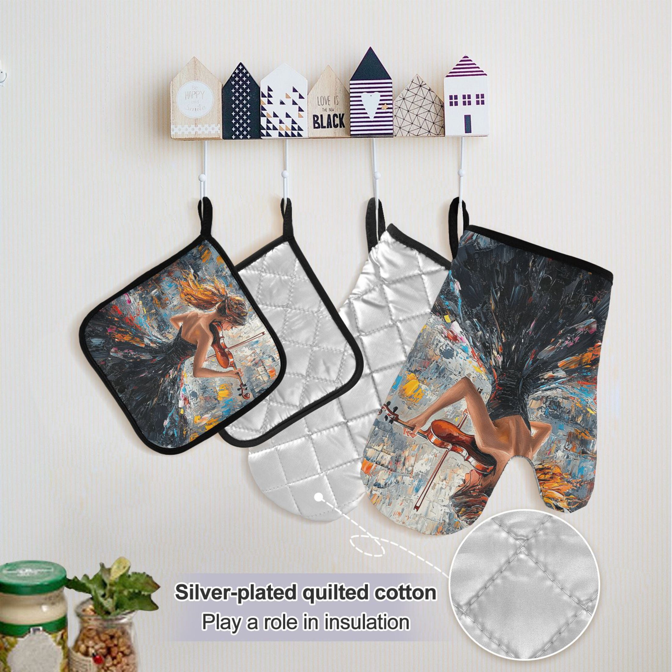 Elegant Woman Play Violin 5 Pcs Kitchen Set Heat Resistant Oven Mitts and Non-Slip Pot Holders with Adjustable Cooking Apron