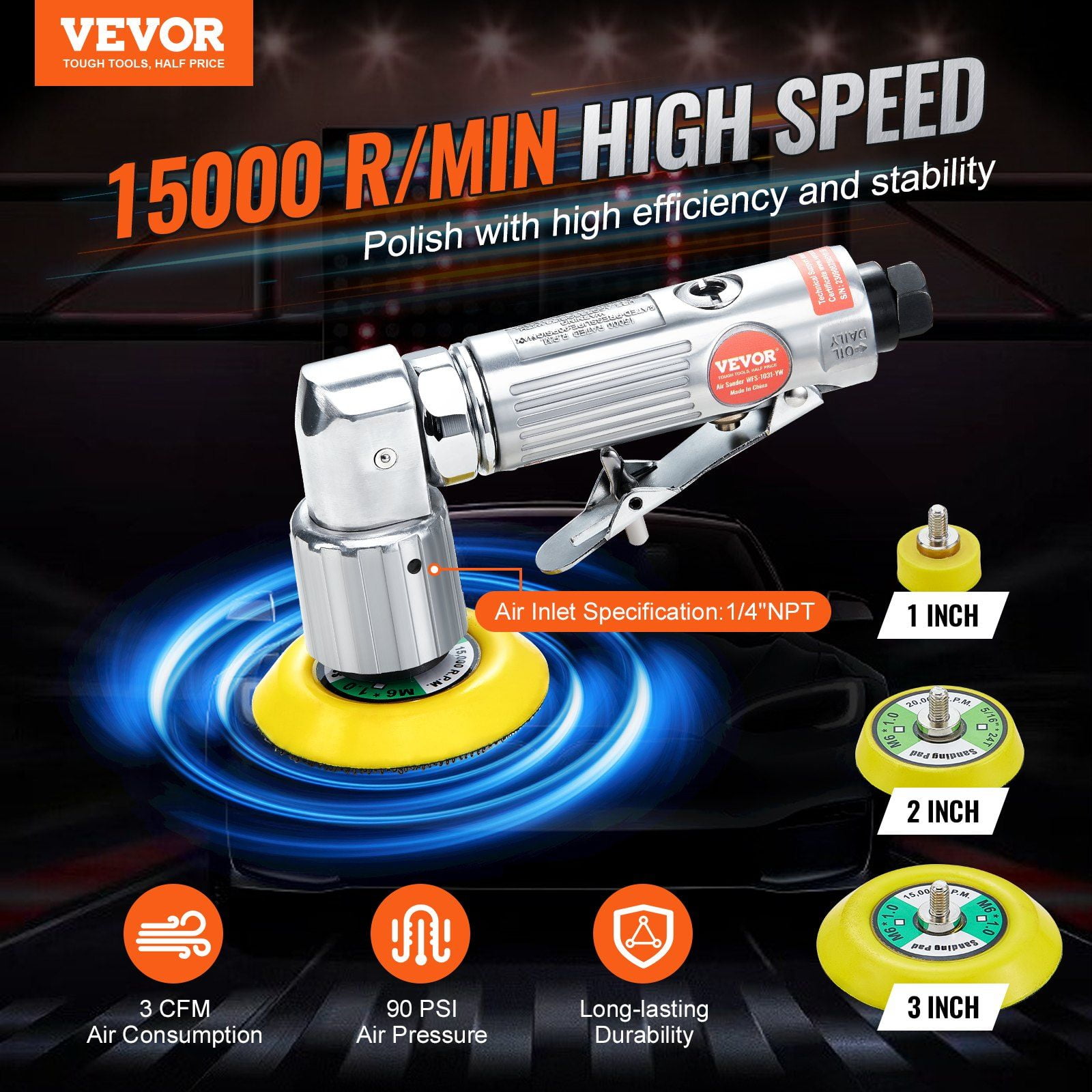 1/2/3 Inch Random Orbital Air Sander 15000RPM High Speed Mini Pneumatic Sander Kit 58PCS with Sandpapers Wool Pad Wavy Sponges for Auto Body Work