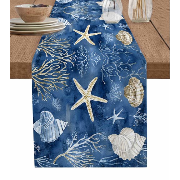 Navy Blue Coastal Table Runner 72 Inches, Nautical Beach Starfish Coral Summer Bed Runner Dresser Scarves Tabletop for Indoor Outdoor Parties/Ceremony/Banquet, 16" x 72"