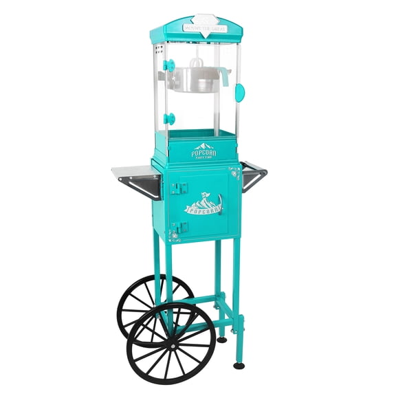 Popcorn Machine with Cart, Wheels and 8 Oz Kettle, 3 Plastic Spoon Home Theater Popcorn Machine Cyan.