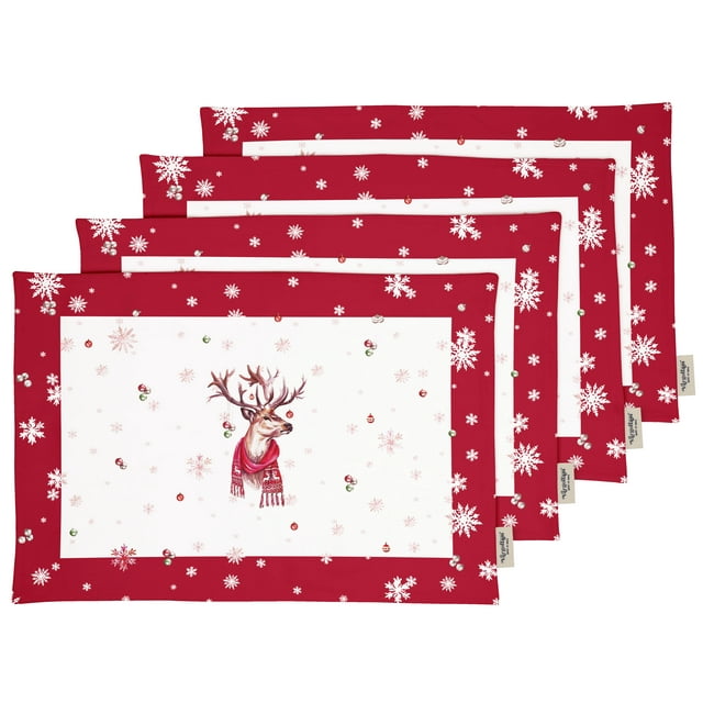 Vargottam Napperons - Ensemble de Table pour Table à Manger, Ensemble de 4 - Imprimé & Réversible Serviette en Coton - Napperons d'Intérieur pour Maison & Cuisine Table à Manger - Winter Christmas Deer (Rouge & Blanc)