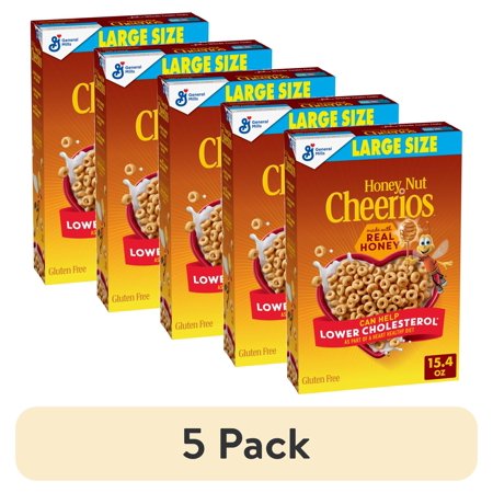 (5 pack) Honey Nut Cheerios, Heart Healthy Gluten Free Breakfast Cereal, Large Size, 15.4 oz