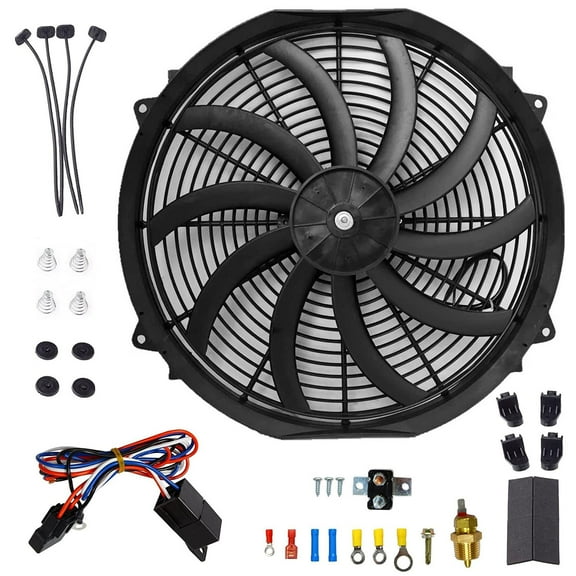 Universal 16" 120W Radiator Cooling Fan TeqHome 12V Electric Slim Fan with 10 Blades Thermostat Kit Mount Kit for Car
