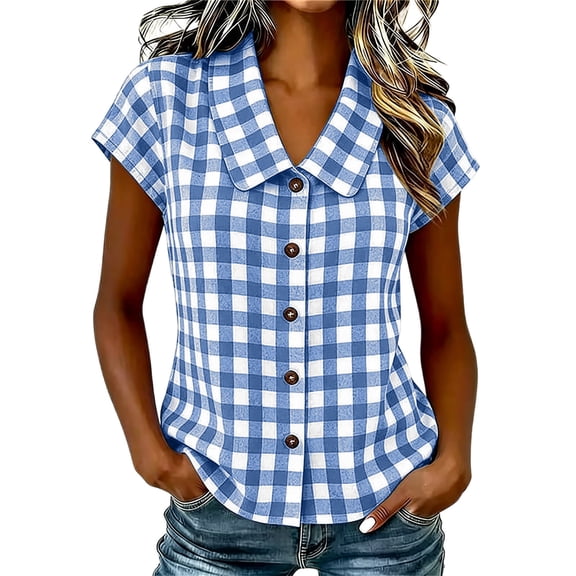 Setooff Women's Gingham Plaid Peter Pan Collar Full Button Down Short Sleeve Casual Loose Summer Blouse Shirts for Women