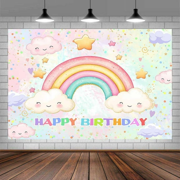 Beautiful Rainbow Birthday Backdrop for Girls Pastel Star Happy Birthday Banner Photo Backdrop Colorful Sprinkled Vibrant Rainbow Theme Kids Celebration Background
