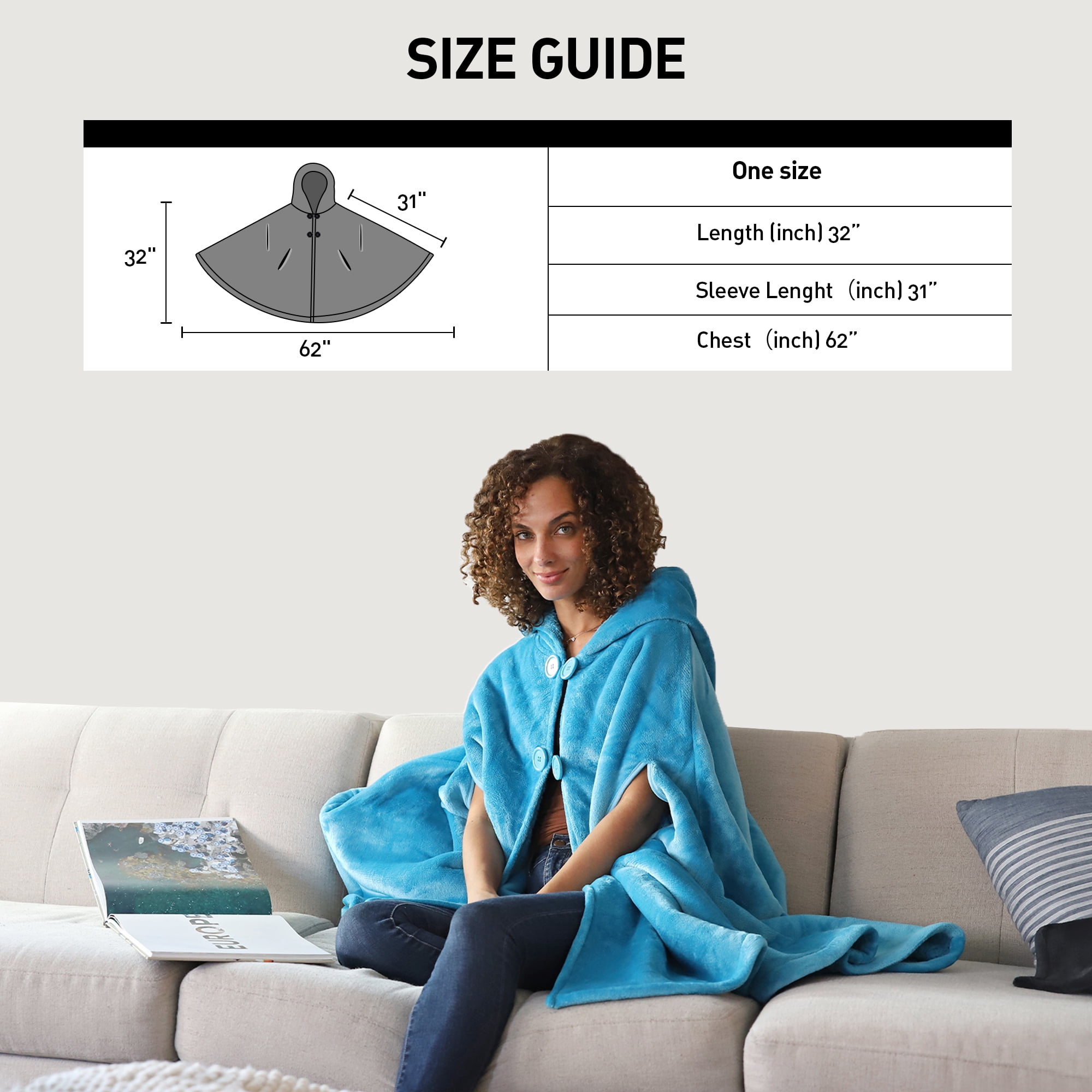 Catalonia Women's Poncho Cape, Sherpa Fleece Cloak Coat, Snuggly Hooded Wearable Blanket, Gift Idea for Adults and Teen Girls, Blue
