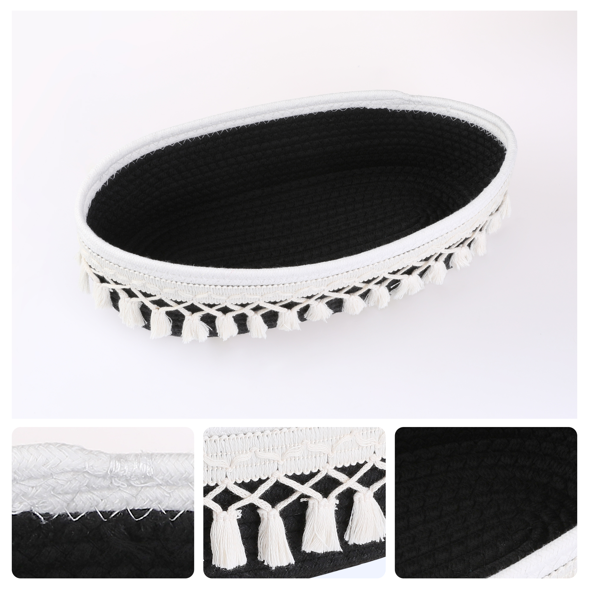 Unique Bargains Woven Storage Basket with Tassels for Key Tray Bowl Black