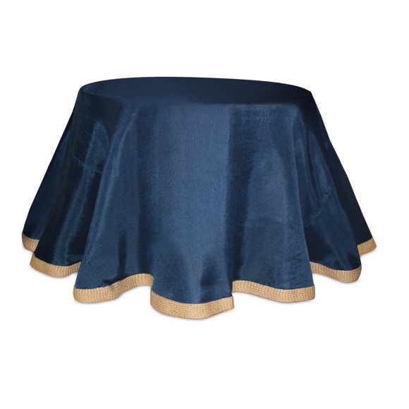 Melrose 96" Navy Blue and Beige Solid Table Cloth with Bordered Edge