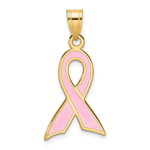 14k Yellow Gold Polished Large Enameled Pink Awareness Ribbon Pendant Necklace 27x14mm Pendant for Women