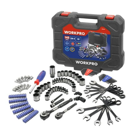 WorkPro 145-Piece Mechanic’s Tool Set, Two-Tone Black and Polish