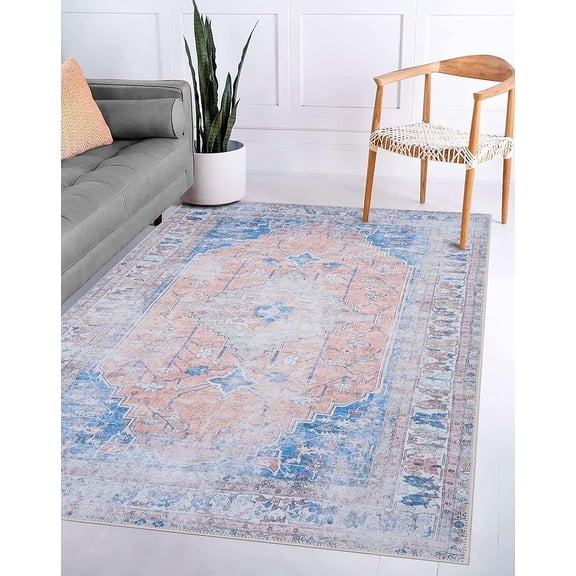 GLN Rugs Larisa Indoor, Machine Washable Area Rug 8'x10' Turkish Peach/Blue