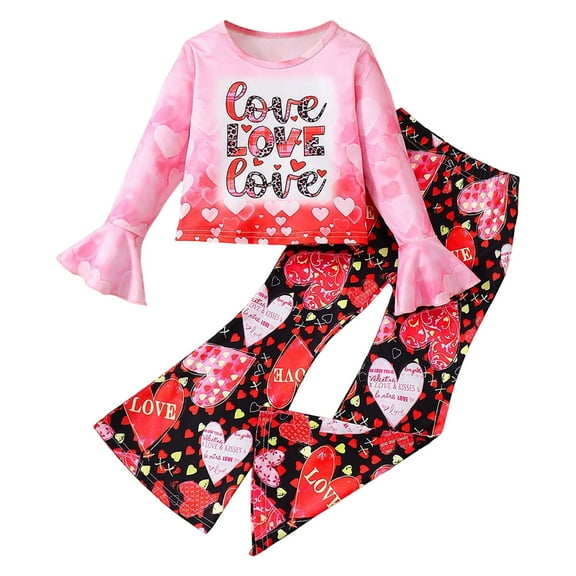 Kiijoy Toddler Girls Outfits Letter Hearts Print T-Shirt with Flared Pants, Sizes 3-4