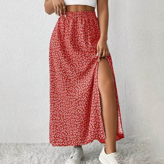 Women's Summer Maxi Skirt Elastic Waist Side Slit A Line Swing Floral Print Casual Beach Vacation Skirts