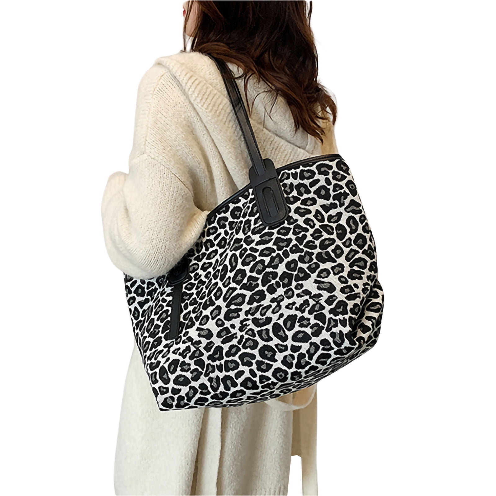 Listenwind Women's Casual Shoulder Bag Leopard Print Soft PU Leather Zipper  Closure Large Capacity Shopping Bag Handbag