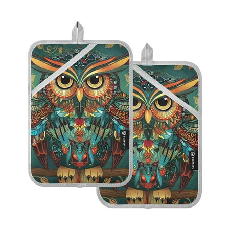 

Pot Holders Set of 2 Heat Resistant 338℉ Kitchen Oven Gloves Potholder Cooking Baking Microwave Mitts Owl Print Ethnic