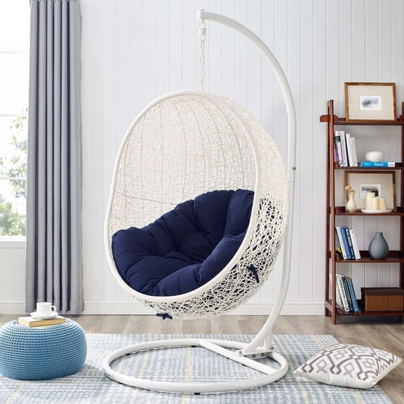 Modway Hide Modern Rattan/Fabric Outdoor Swing Chair with Stand in White/Navy