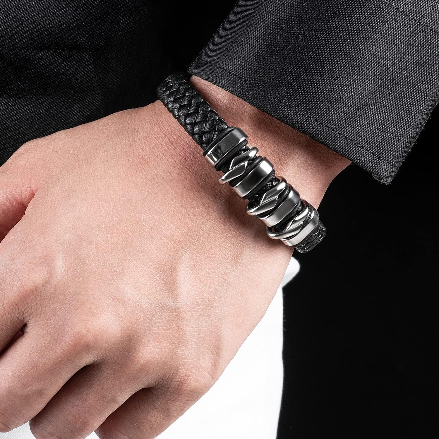Leather Bracelet for Men Braided Cuff Wristband Stainless Steel Clasp in Silver and Gold Jewellery Gift
