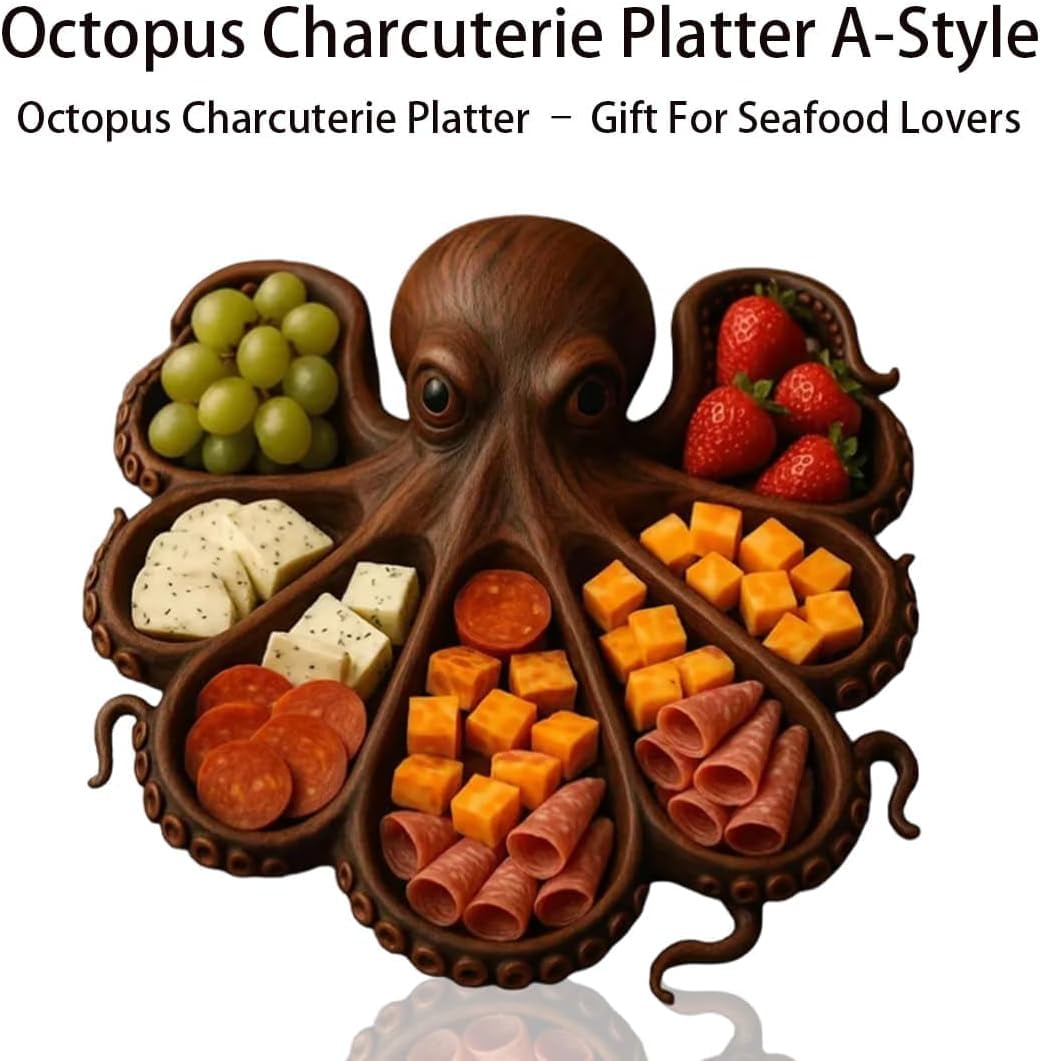 Octopus Charcuterie Board - 12 Inch Wooden Serving Platter For Cheese & Meat