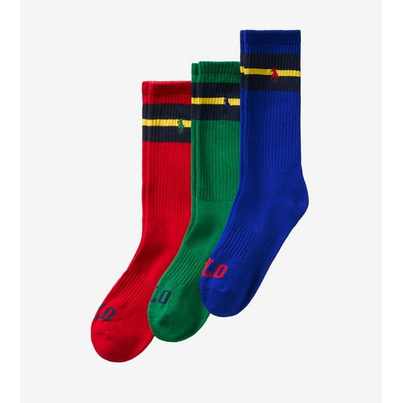 Polo Ralph Lauren Mens Socks Vintage Stripe Crew Sock - 3 Pack - Red, Green, Blue with Polo Pony