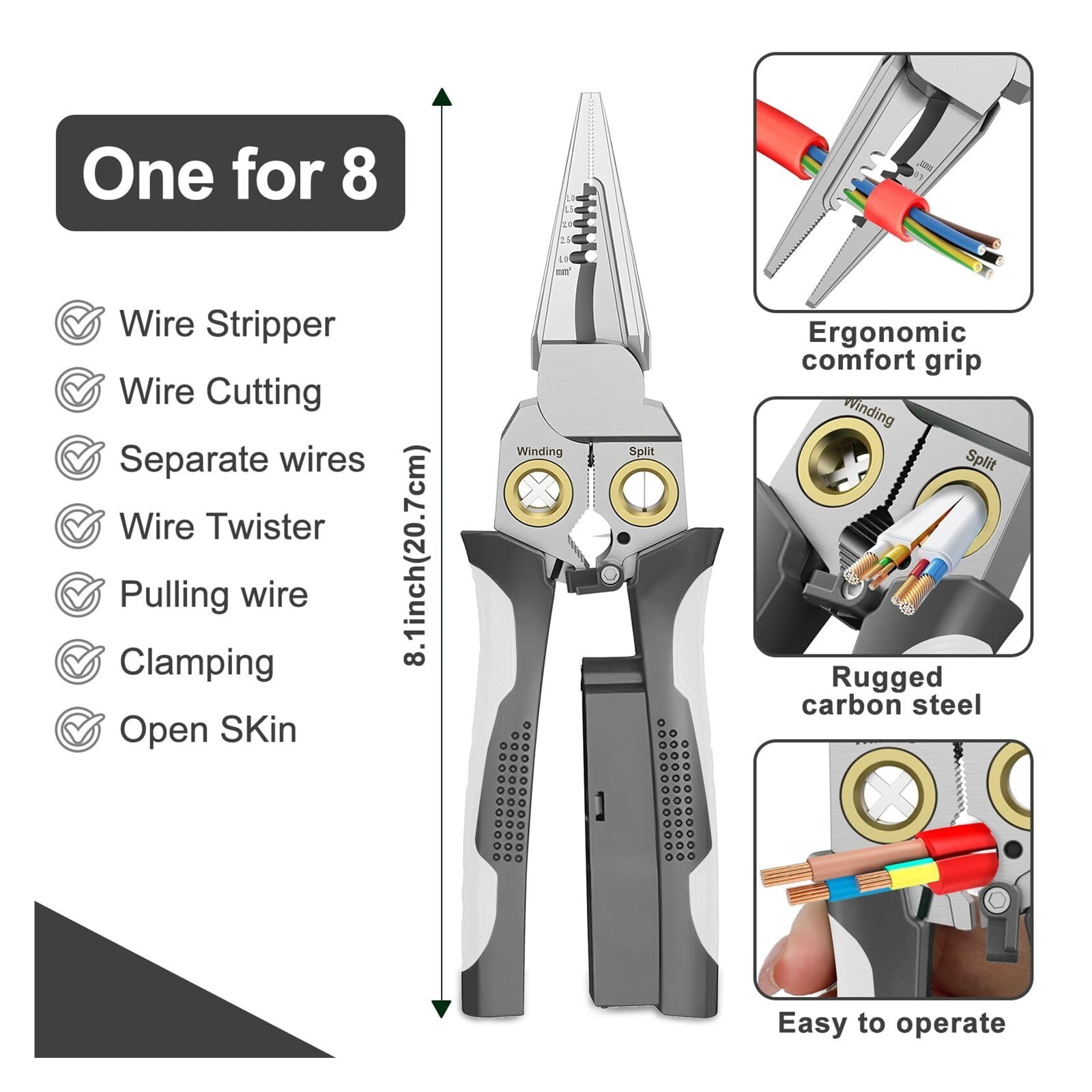 8-in-1 Wire Crimper Stripper with Voltage Detector & Dual Alarms - Heavy Duty 12-250V AC/DC Tester for Hot/Neutral Wires - Electrician, HVAC, Car Repair Tool