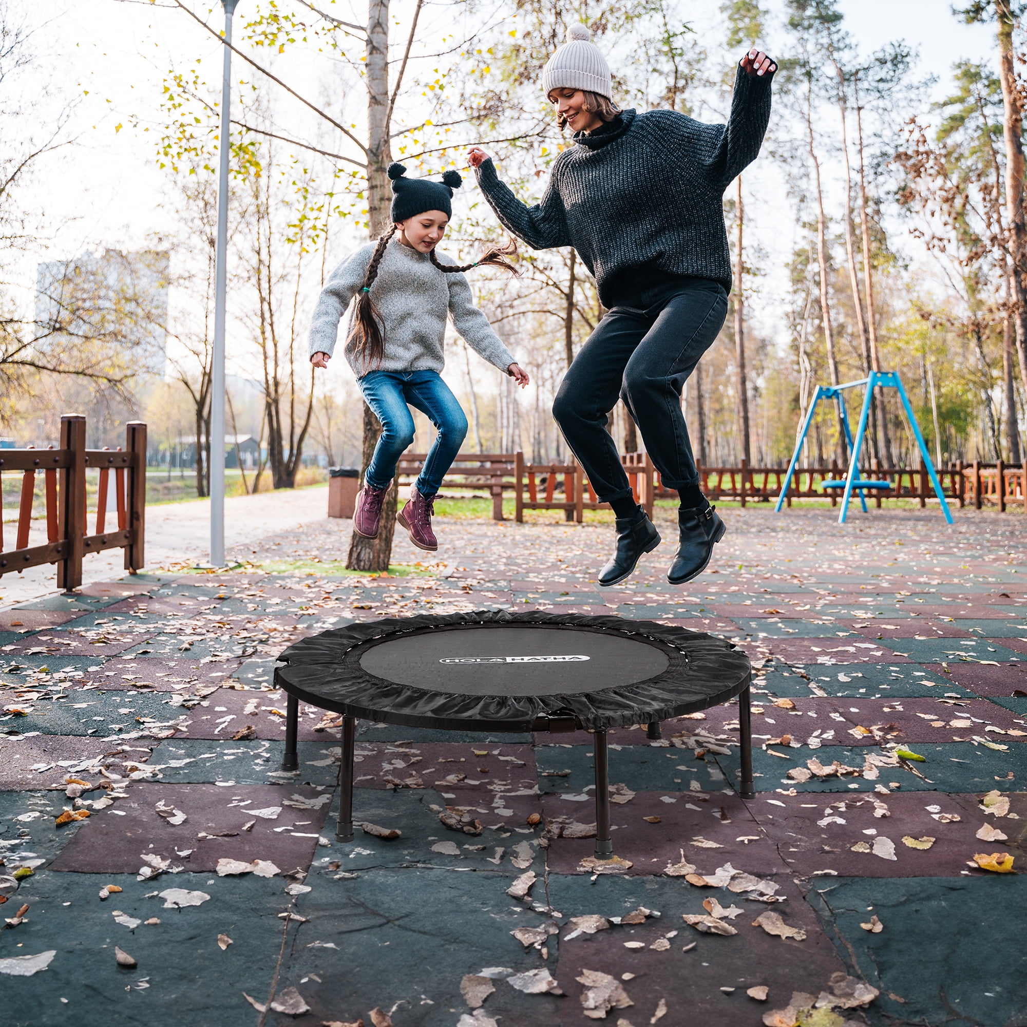 HolaHatha 40 Inch Foldable Mini Trampoline with Adjustable Handle, Black