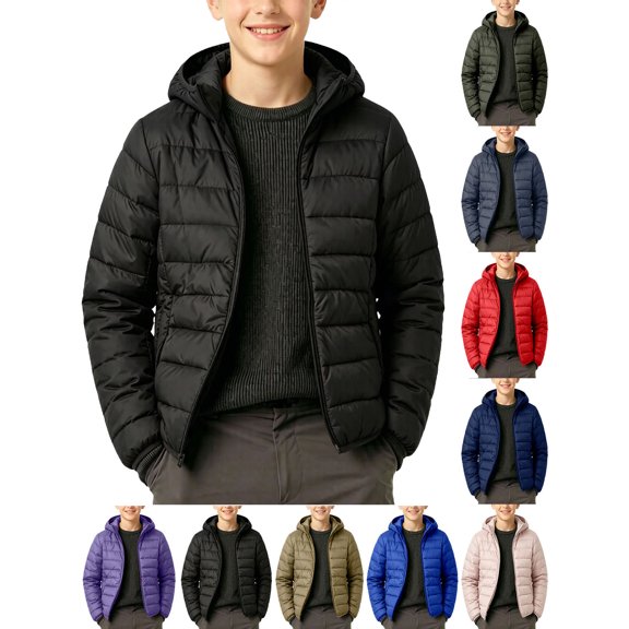 Boys Puffer Jacket Insulated Quilted Hooded Winter Coat Outerwear Warm for Sports Or Casual Wear Black 9-10Years