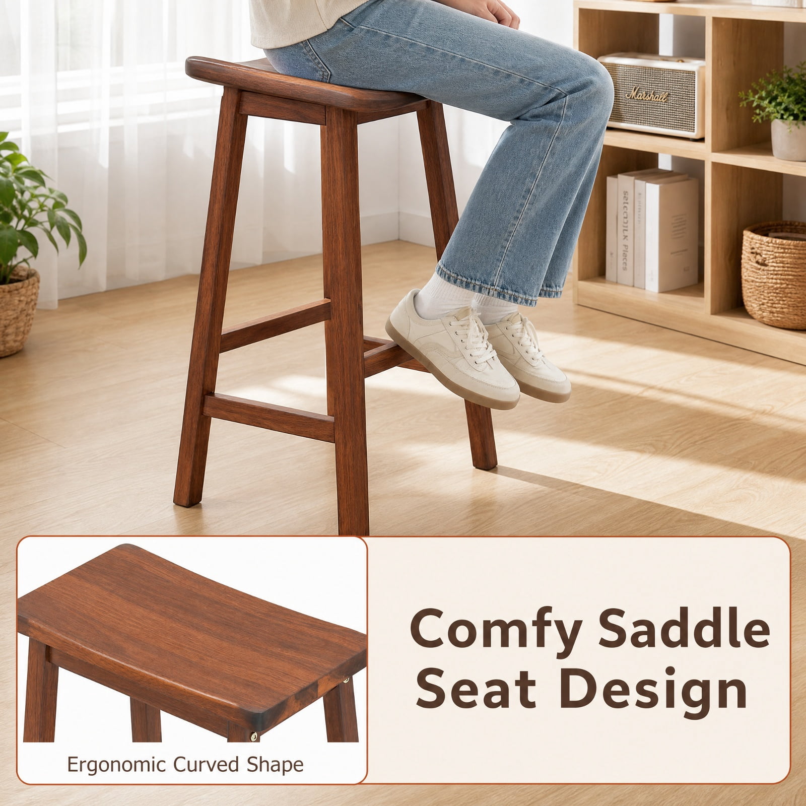 Furnibear Set of 2 Saddle-Seat Counter Height Stools with Curved Seat and Footrests for Kitchen Island Counter Bar Pub Dining Home, Walnut