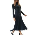 thumbnail image 2 of Fesfesfes Dresses for Women Solid Color Knitted Long Sleeve Party Dress Round Neck Bottoming Pleated Dress, 2 of 7