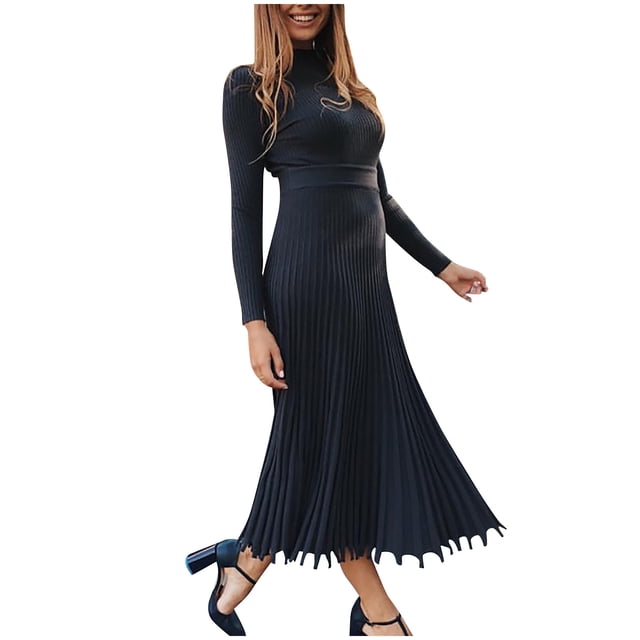 Robe Plissée pour Femmes Mode Femmes Robe Tricotée Unie Manches Longues Robe Plissée de Base