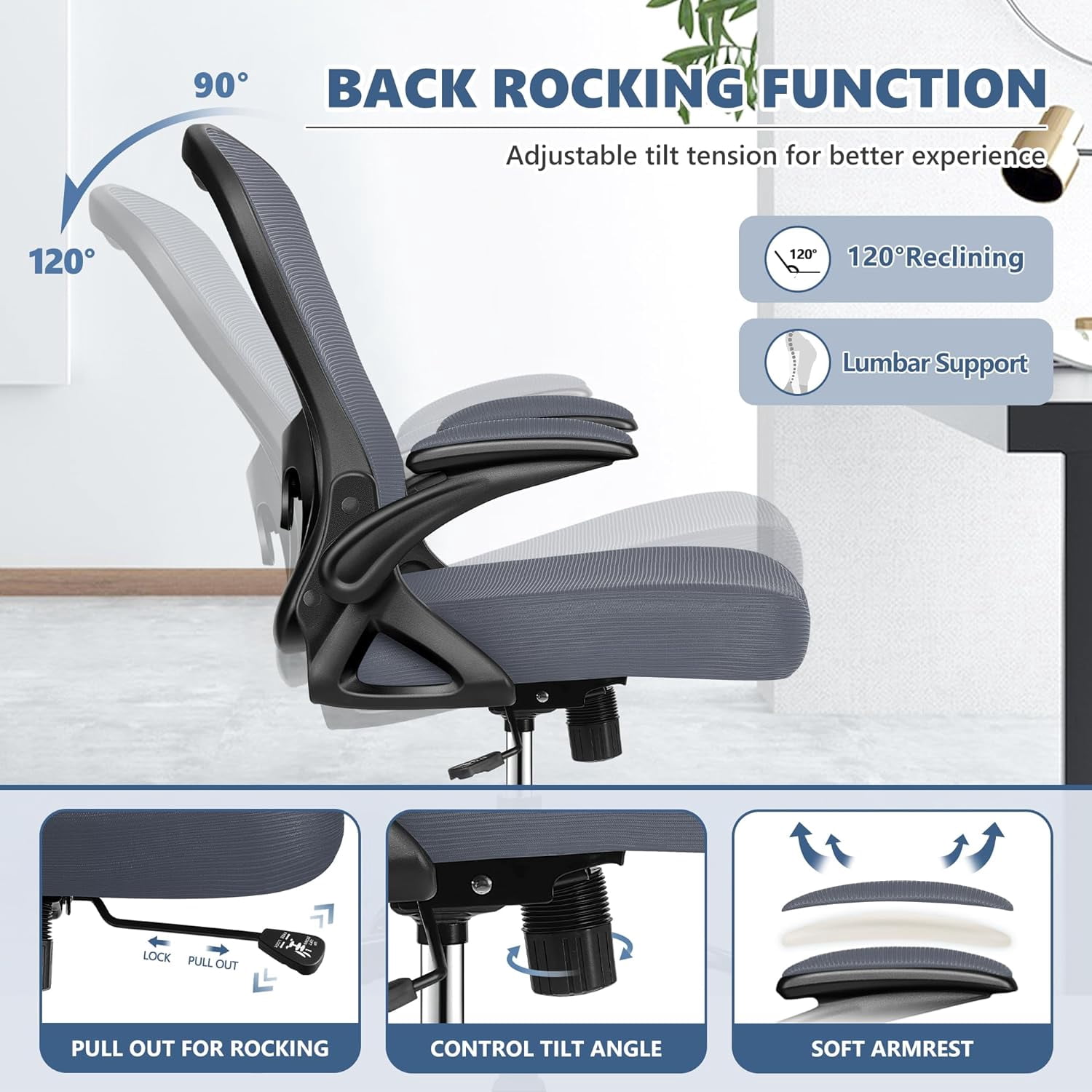 Office Chair, Ergonomic Desk Chair with Adjustable Height and Lumbar Support Swivel Desk Computer Chair with Flip up Armrests for Conference Room, Drak Gray