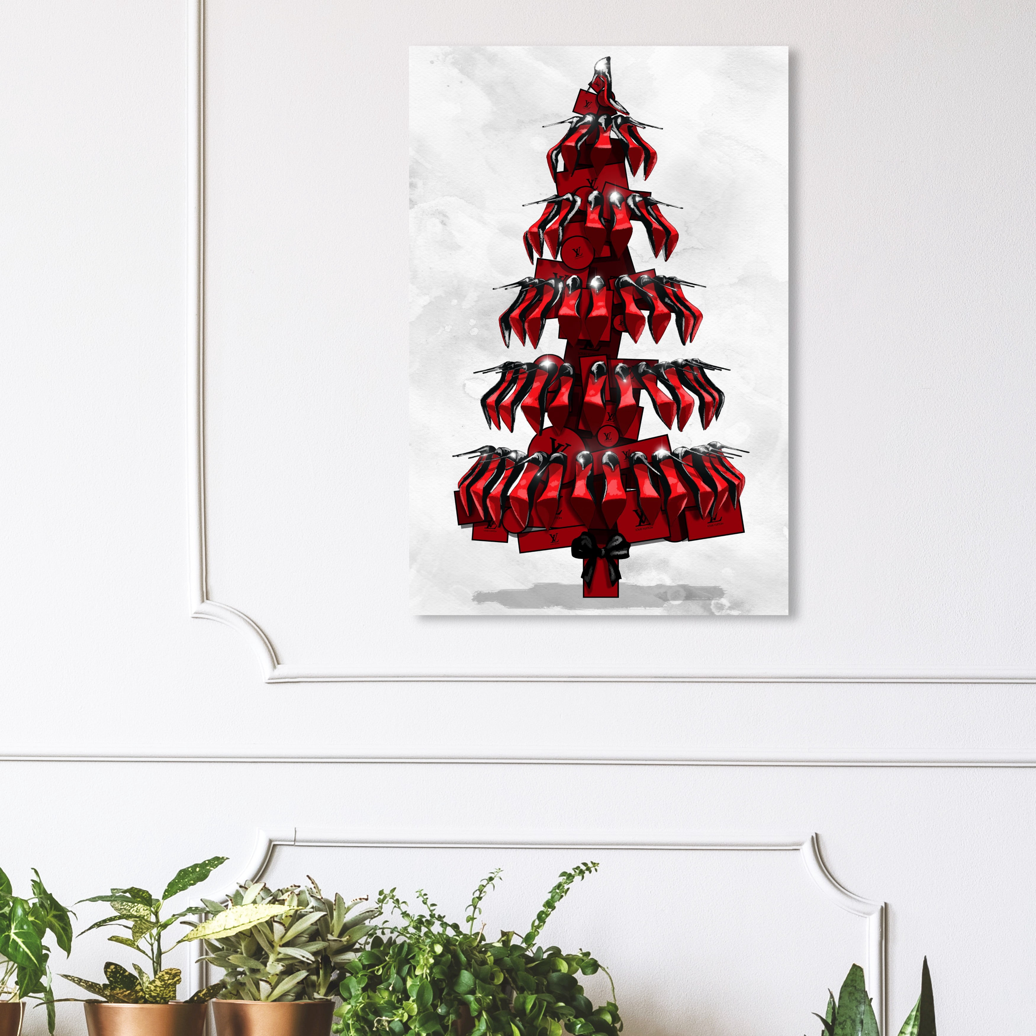 Wynwood Studio Holiday and Seasonal Wall Art Canvas Prints 'Shoe Tree Black' Christmas Home Décor - Black, Red, 24" x 36"