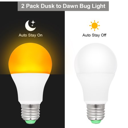 2 Pack Dusk to Dawn Yellow LED Bug Light Bulb Auto On & Off No Blue Light Outdoor 7W E26/27 Mosquito Repellent Light Bulb No UV 570-590nm Wavelength Night Light for Outdoor Indoor Long Service Life