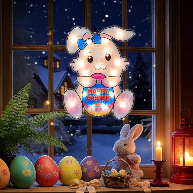 17-Inch Pre-Lit Easter Egg Window Silhouette, Bunny and Egg Themed Lighted Window Decor