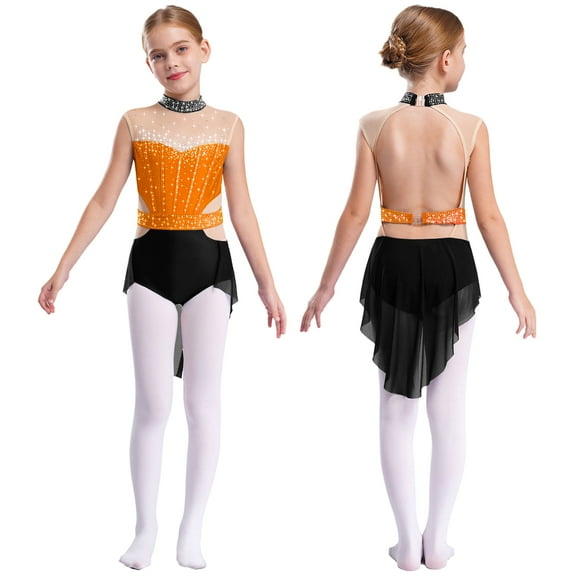 Aislor Girls Lyrical Ballet Leotard Dress Modern Jazz Latin Dance Ballroom Dancewear Orange&Black 14