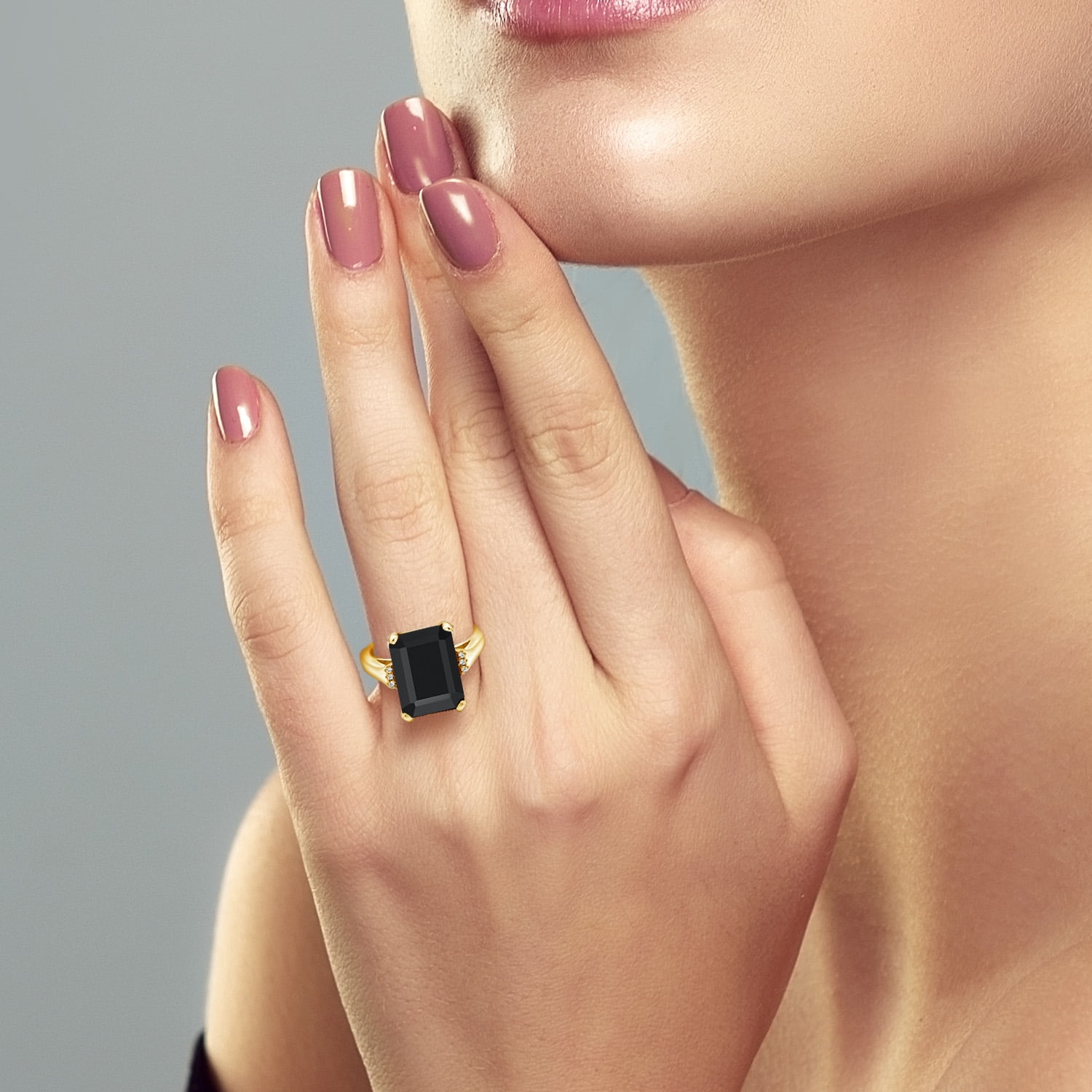 Gem Stone King 6.67 Cttw Black Onyx Engagement Ring for Women | 18K Yellow Gold Plated Silver| Emerald Cut 14X10MM | Gemstone December Birthstone | Size 6